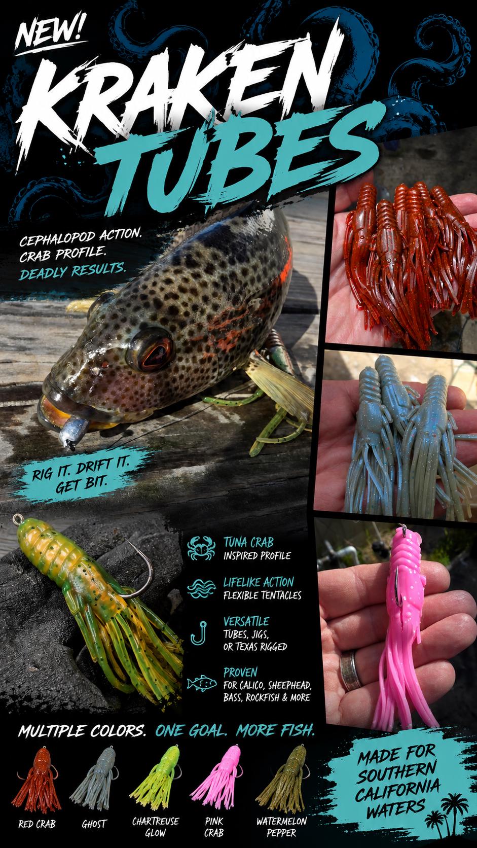 May include: Kraken Tubes fishing lures featuring a cephalopod-inspired design with flexible tentacles. The image displays various color options including red crab, ghost, chartreuse glow, pink crab, and watermelon pepper, alongside text details.
