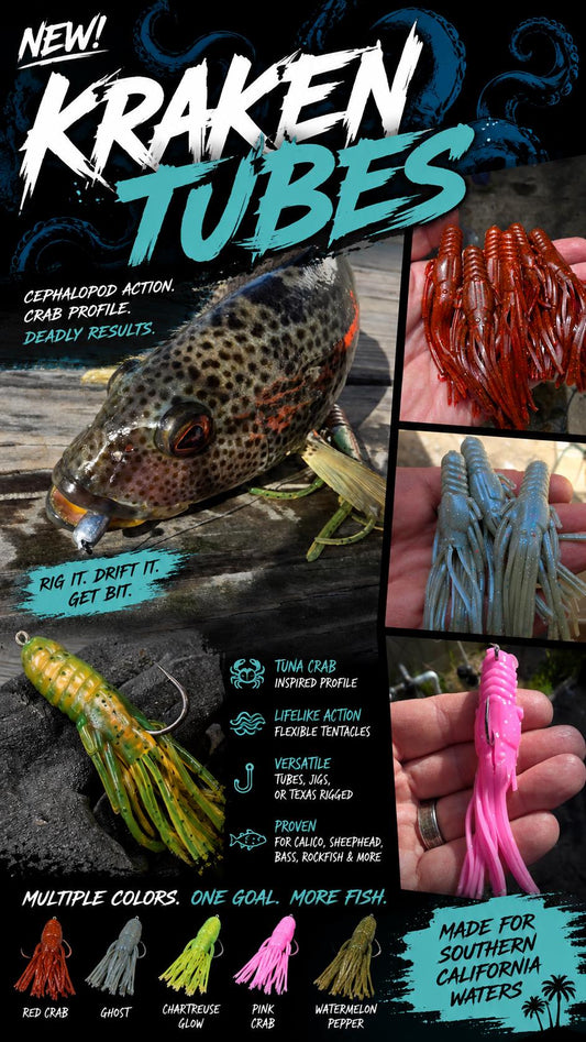 May include: Kraken Tubes fishing lures featuring a cephalopod-inspired design with flexible tentacles. The image displays various color options including red crab, ghost, chartreuse glow, pink crab, and watermelon pepper, alongside text details.